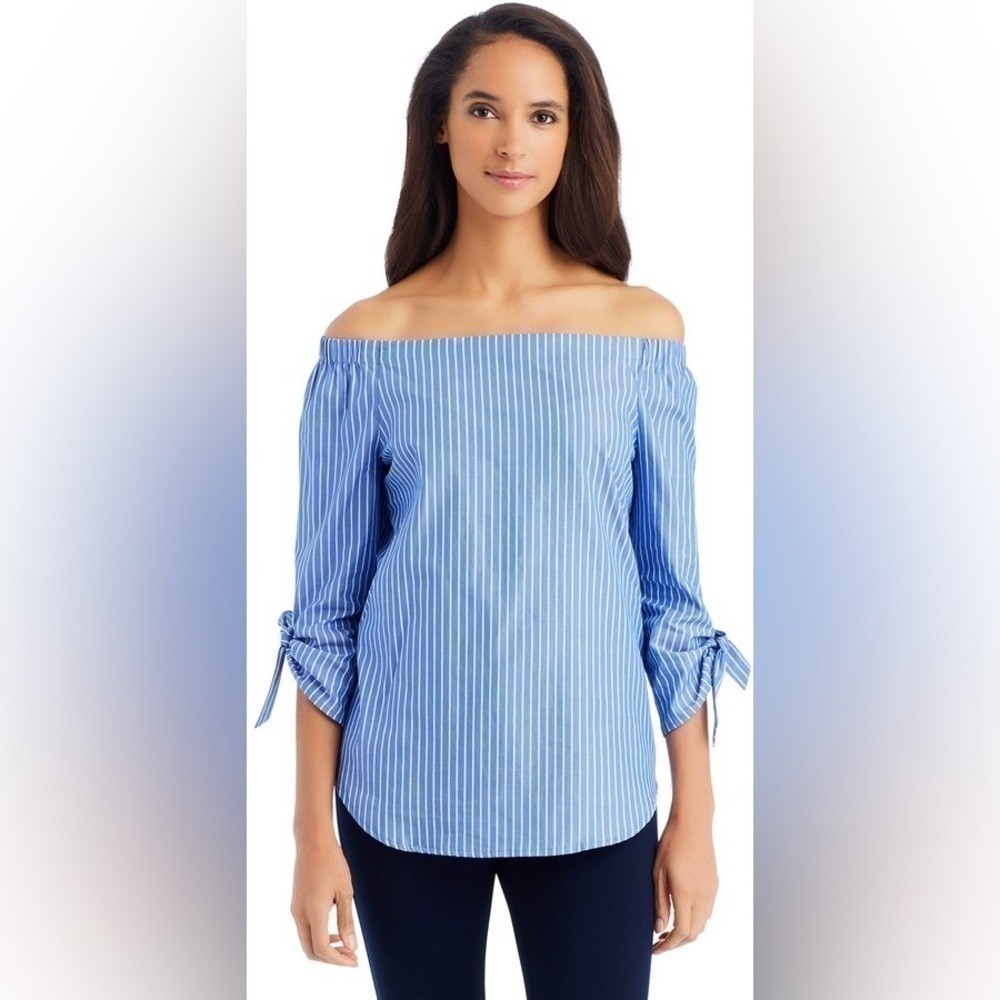 J. McLaughlin Blue & White Stripe Off Shoulder 3/4 Tie Sleeve Blouse Size XS